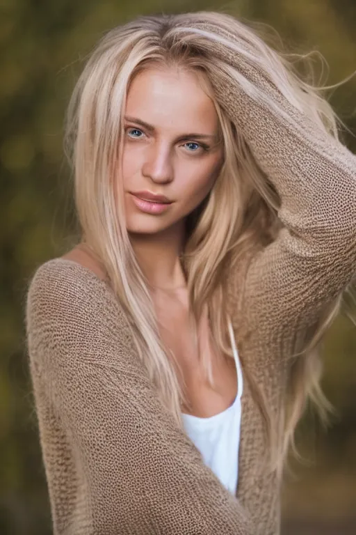 Image similar to olive skinned blonde female model in her twenties, wearing a v - neck sweater, looking content, focused on her neck, photo realistic, extreme detail skin, natural beauty, no filter, slr, golden hour, 4 k, high definition, selfie