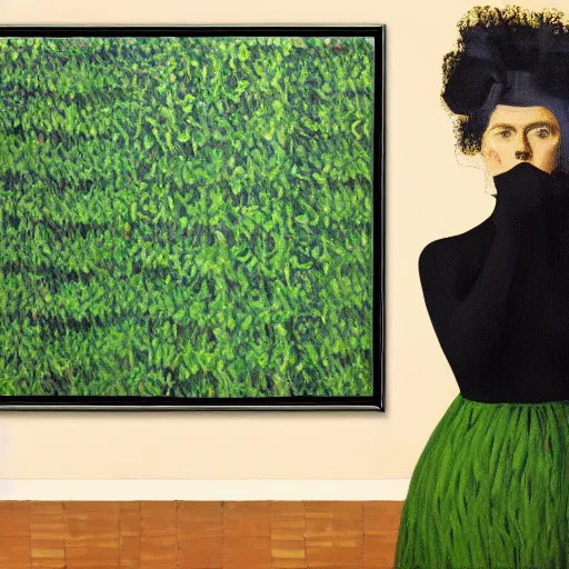 Image similar to portrait an artist in her apartment, wrapped in vines, black walls, puddles, moss, stone, acrylic on canvas, by magritte and monet