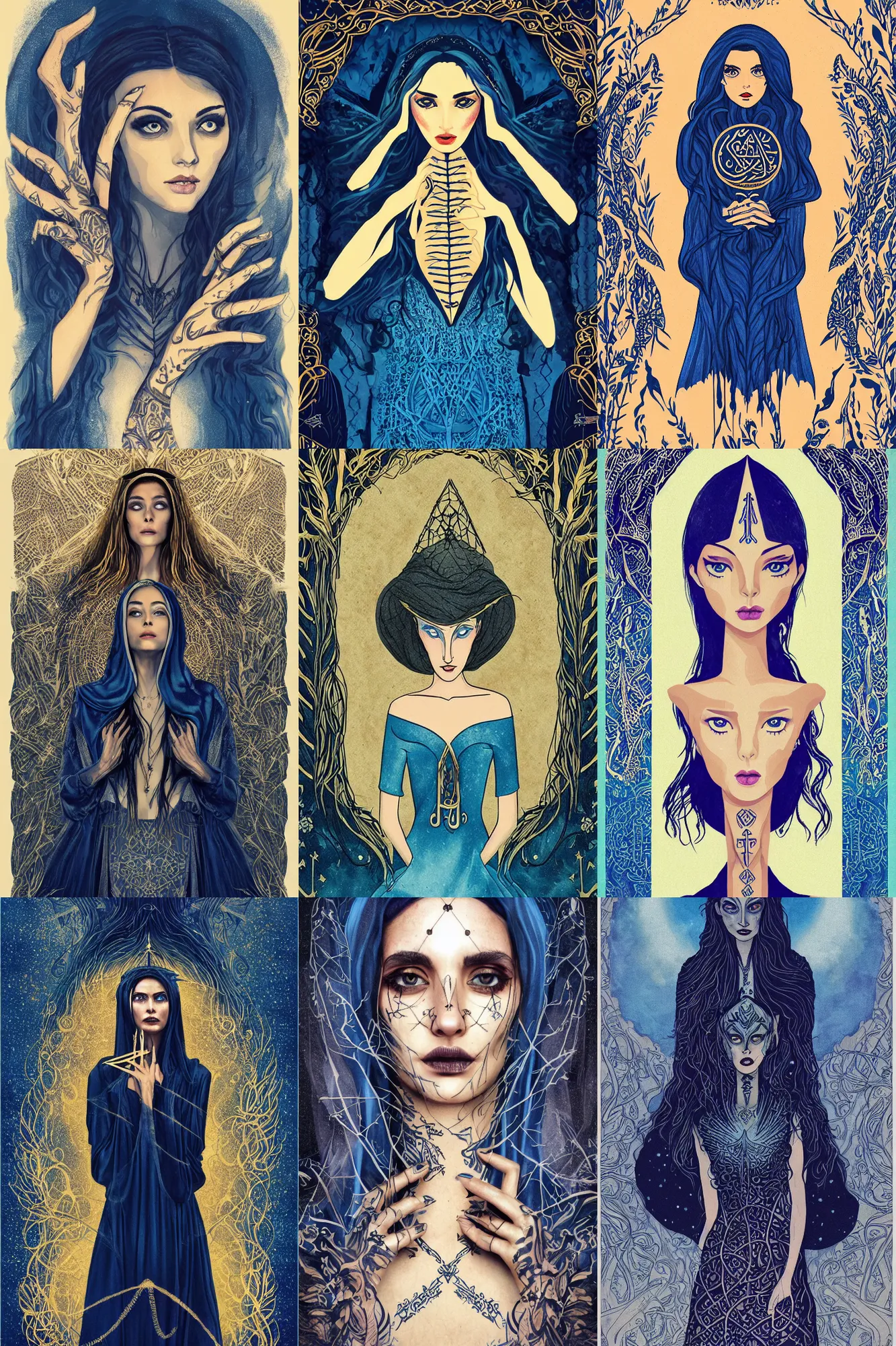 Prompt: young middle eastern woman, strange golden eldritch rune tattoos, blue silk dress, heavy makeup. the witch. illustration. movie poster. masterwork.