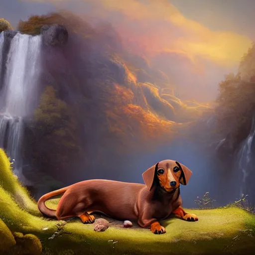 Prompt: black and some brown fur dachshund sitting on top of a hill, waterfall in background, matte painting, cartoon, historical painting, framed, golden hour