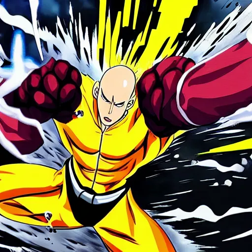 Prompt: dramatic action lines drawing of saitama charging up a punch, black rain and guts are raining down the sky