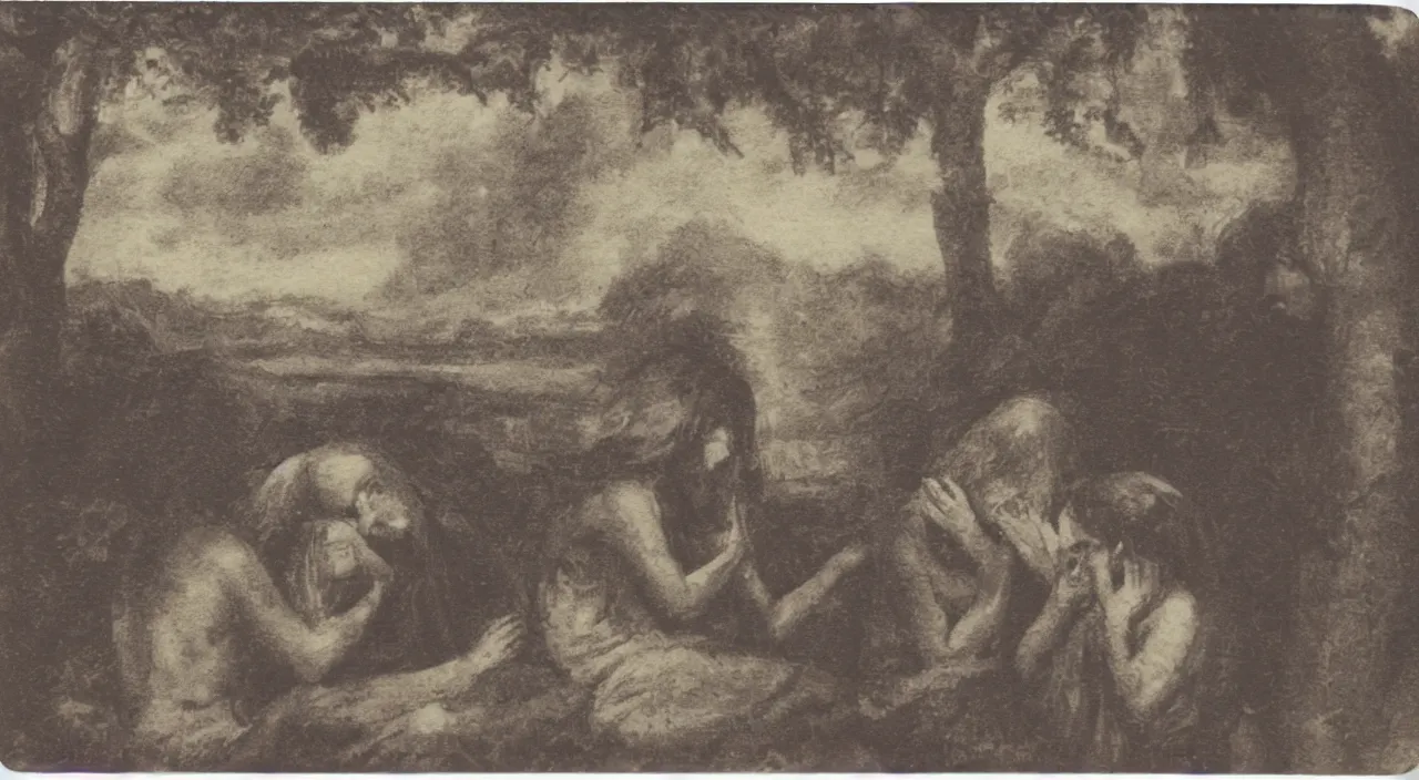 Image similar to an old polaroid of 3 maria's in a landscape crying at the death of christ