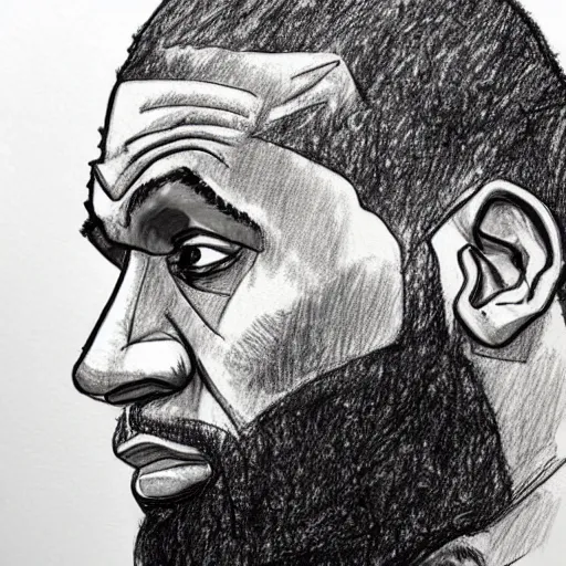 Image similar to a realistic yet scraggly portrait sketch of the side profile of a stern and sophisticated lebron james, trending on artstation, intricate details, in the style of frank auerbach, in the style of sergio aragones, in the style of martin ansin, in the style of david aja, in the style of mattias adolfsson