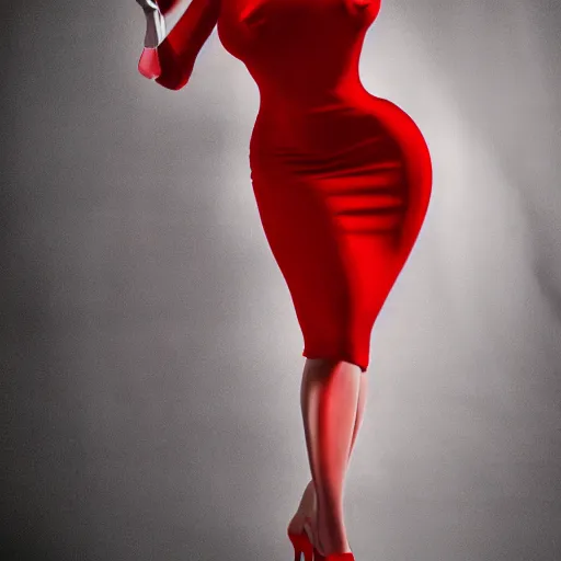 Image similar to modeling photograph full body jessica rabbit in her signature red dress, femme fatale, beautiful, dark, mysterious, detailed flawless face, dramatic darkroom lighting high exposure, head and shoulders 8 0 mm camera