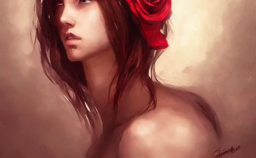 Image similar to a painting of virtualrose trending on artstation in the style of greg rutkowski, beautiful, young female, sensual, natural skin, brown hair, red rose