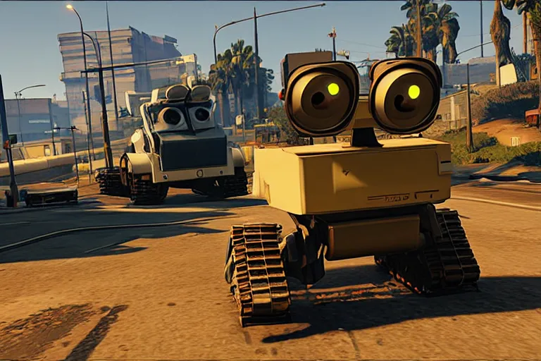 Prompt: wall - e in grand theft auto 5, heavy detailed, ultra high definition quality, gta 5 game engine graphics