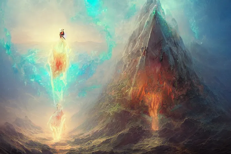 Image similar to Ocean cut humanoid skinny gnarled triangle pyramid levitation roots radiant gas bridge destroyed bottle eyes bright point castle sky planet fractal hair impact, inspired by Peter Mohrbacher, radiant colors, trending on artstation, volumetric lighting, intricate, ornate, CGsociety