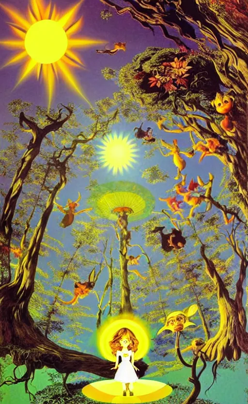 Image similar to enchanted forest, sun in the sky, bunnies, fairy, alice in wonderland, hallucination, psychotropic psychedelic, wide angle shot, white background, vector art, illustration by frank frazetta by salvador dali