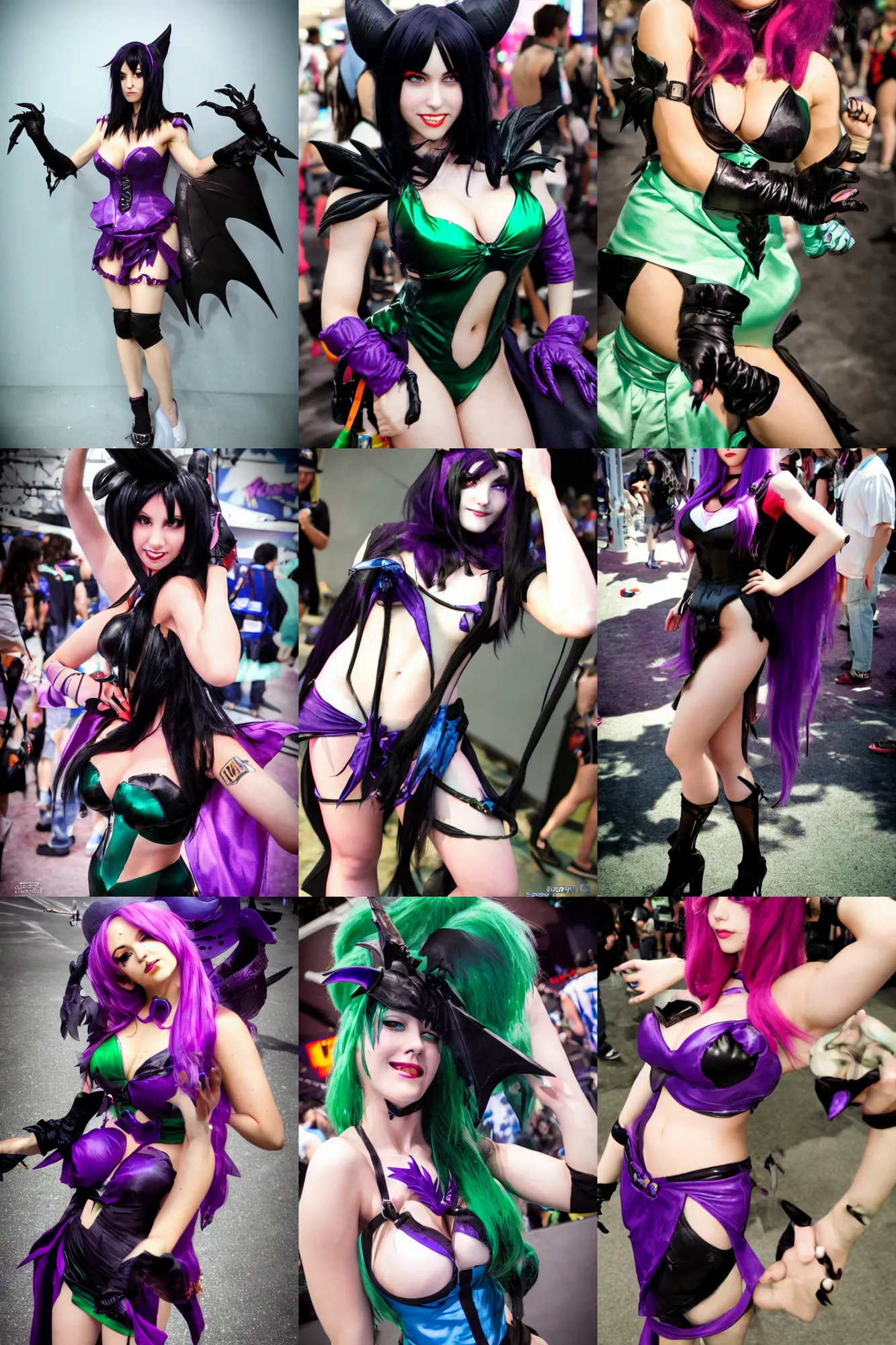 Prompt: darkstalkers morrigan, pretty cosplayer, beautiful face, sweating, photo taken at e 3 expo, electric atmosphere, come - hither expression, posing for camera