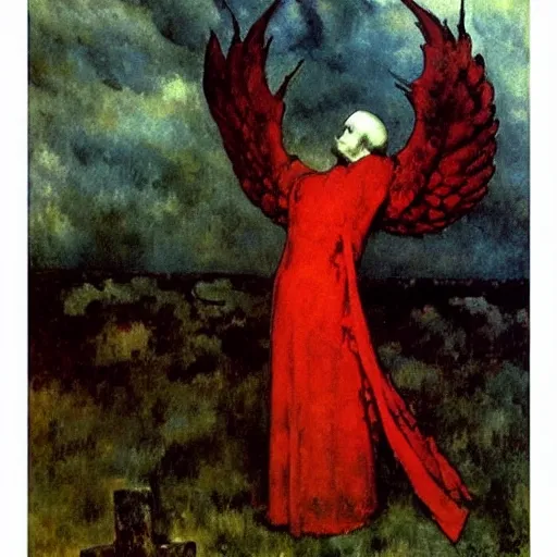 Image similar to aesthetically pleasing image of the whitewinged angel of death wearing a crimson and black robe descending on the lonesome faceless phantoms in their graves paul cezanne arthur rackham norman rockwell oil painting