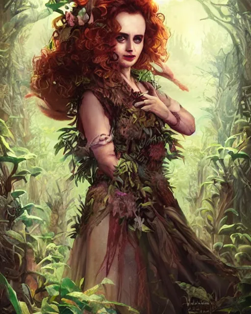 Image similar to helena bonham carter as the queen of the forest, by Fernanda Suarez and ross tran