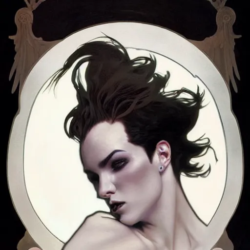 Image similar to beautiful portrait of androgynous ruby rose as desire from sandman in a white tuxedo!!!, rockabilly style, by alphonse mucha, cedric peyravernay, by jeremy mann, by frank moth, white suit and black tie, soft lightning, high detailed, 8 k