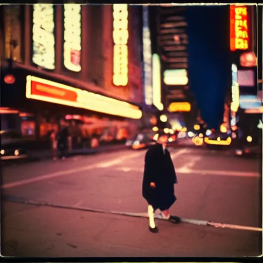 Prompt: analog medium format bokeh night flash portrait in new york, 1 9 6 0 s, colourful, photographed on expired film, detailed photograph