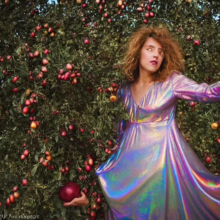 Image similar to a closeup portrait of a woman wearing a dress made of iridescent holographic vinyl, picking pomegranates from a tree in an orchard, foggy, moody, photograph, by vincent desiderio, canon eos c 3 0 0, ƒ 1. 8, 3 5 mm, 8 k, medium - format print