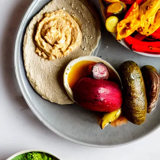 Prompt: a hummus plate with roasted vegetables, food photography