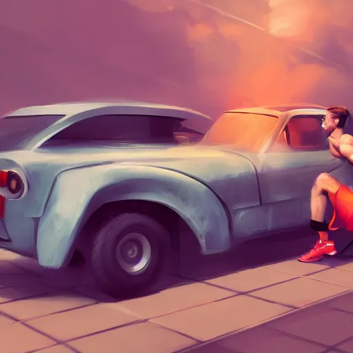 Image similar to rocky lifting a car, matte painting, art concept, unreal engine, by aenaluck, digital painting, artstation, concept art, smooth, sharp focus ilustration hq