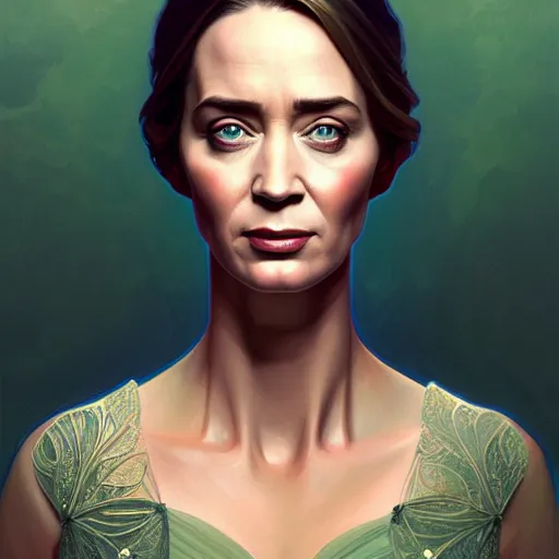 Prompt: character concept portrait of emily blunt, beautiful voluminous muscular tall healthy and virtuous. modestly clothed, intricate, elegant, highly detailed, digital painting, artstation, concept art, symmetry, smooth, sharp focus, illustration, art by mandy jurgens and alphonse mucha and alena aenami