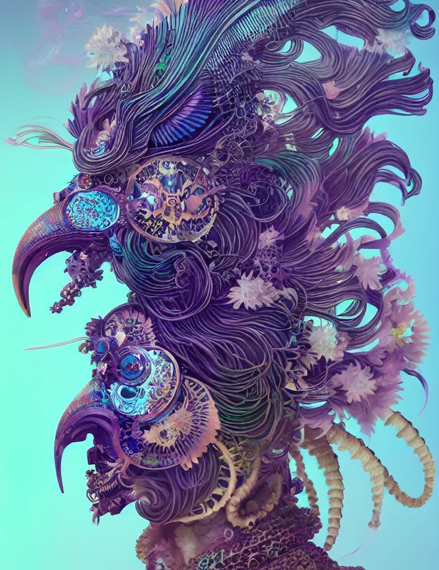 Image similar to 3 d goddess close - up profile solarpunk portrait ram skull. beautiful intricately detailed japanese crow kitsune mask and clasical japanese kimono. betta fish, jellyfish phoenix, bio luminescent, plasma, ice, water, wind, creature, artwork by tooth wu and wlop and beeple and greg rutkowski