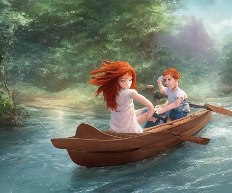 Image similar to a girl with long, flowing auburn hair, and a boy with short hair sitting together in a small wooden paddle boat sailing down a narrow river in a forest, rocky shore, trees, shady, blue waters, ripples, waves, reflections, details, sharp focus, illustration, by Jordan Grimmer and greg rutkowski, Trending artstation, pixiv, digital art