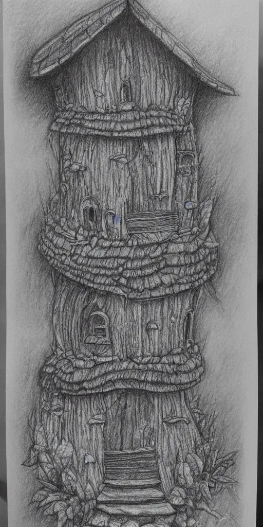 Image similar to pencil drawing of a mushroom house, highly detailed