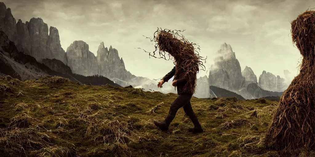 Image similar to alpine farmer transforming into a monster ,roots and hay coat, dolomites in background, dark, eerie, despair, portrait photography, artstation, digital art, concept art, artstation, highly detailed, sharp focus, by caravaggio