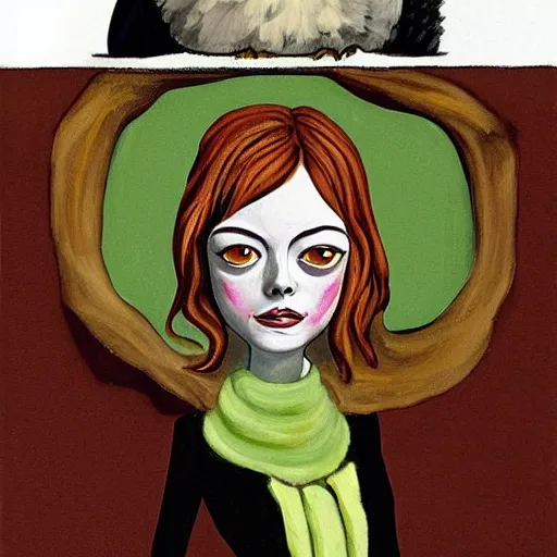 Image similar to emma stone with an owl, artwork by charles addams,