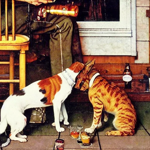 Image similar to norman rockwell painting of cats and dogs drinking beer