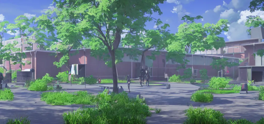 Image similar to Look of Danganronpa school exterior, full daylight, morning, cartoon moody scene, made in blender, 8k, colorful details of lush nature and despair