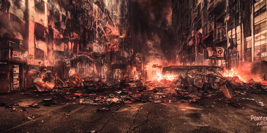 Image similar to post apocalyptic city, revolutionary punk masked up punk, fire, damaged, trash, full shot, by liam wong