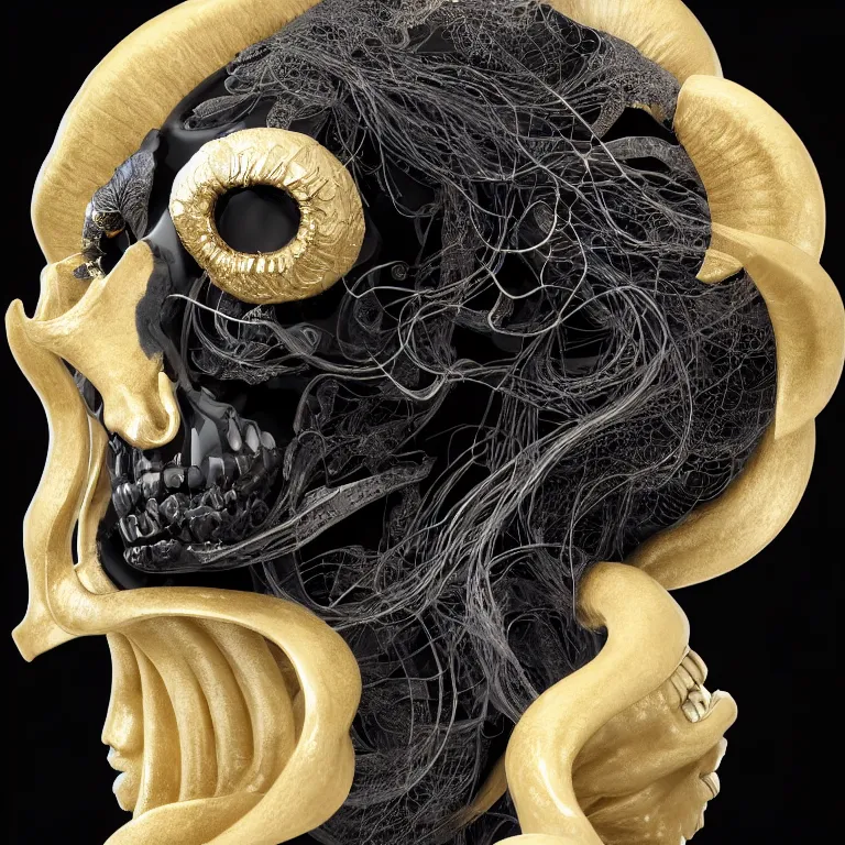 Image similar to black background. absolutely symmetrical sculpture. centered. goddess princess face close-up portrait ram skull. sculpture made of gold and black charcoal. jellyfish phoenix head, nautilus, orchid, skull, betta fish, bioluminiscent creatures, intricate artwork by Tooth Wu and wlop and beeple. octane render, trending on artstation, greg rutkowski very coherent symmetrical artwork. cinematic, hyper realism, high detail, octane render, 8k