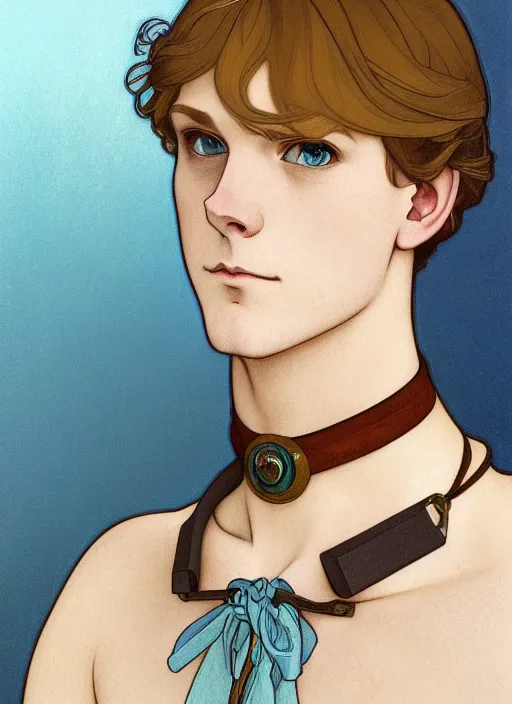 Image similar to art nouveau portrait of a pretty young man with short light brown straw blond hair, light blue eyes, sad expression, scared, head down, shy and demure, wearing a choker collar, natural lighting, path traced, highly detailed, high quality, cartoon, digital painting, by don bluth and ross tran and studio ghibli and alphonse mucha