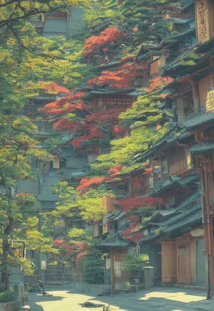 Image similar to a beautiful japanese city in the mountain, amazing ryokans and gorgeous edo era houses, fantastic non human character, epic cyberpunk, lofi vibe, colorful, vivide colors, amazing light, really beautiful nature, by jeremy lipkin, by claude monet, by makoto shinkai, kandinsky touches, inspired by ghibli, masterpiece, beautiful