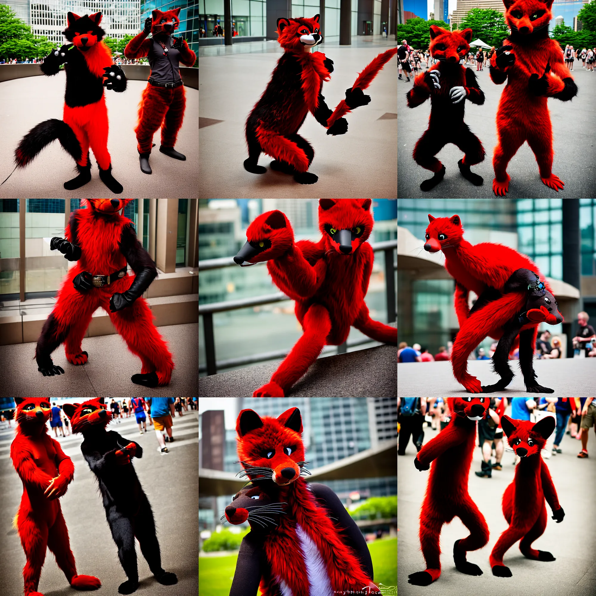 Prompt: fullbody photoshoot photo portrait of a roguish male red - black furred weasel furry fursuiter ( with tail ), taken at anthrocon ( furry convention )