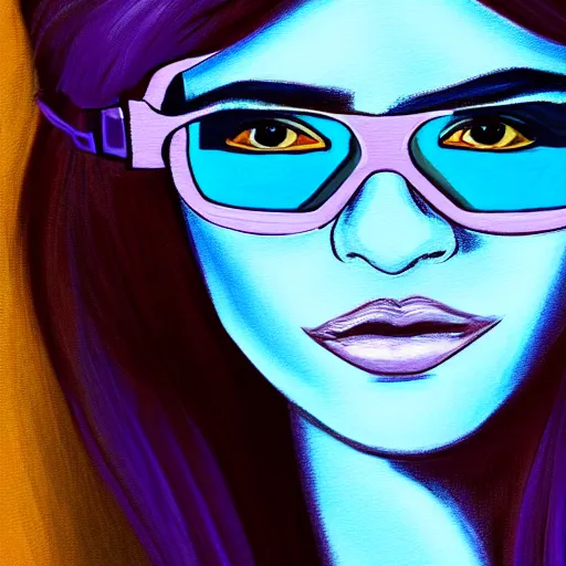 Image similar to closeup painting of a very beautiful young mexican cyberpunk woman with light blue shutter shades, one side haircut, long brown hair with light blue ends, purple leather jacket