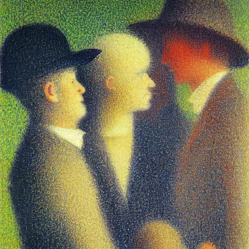 Prompt: high definition portrait of three men talking to each other by Georges Seurat