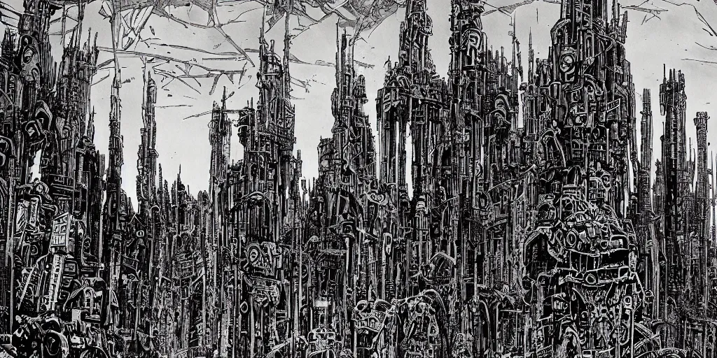 Image similar to post apocalyptic scifi landscape with city ruins by philippe druillet