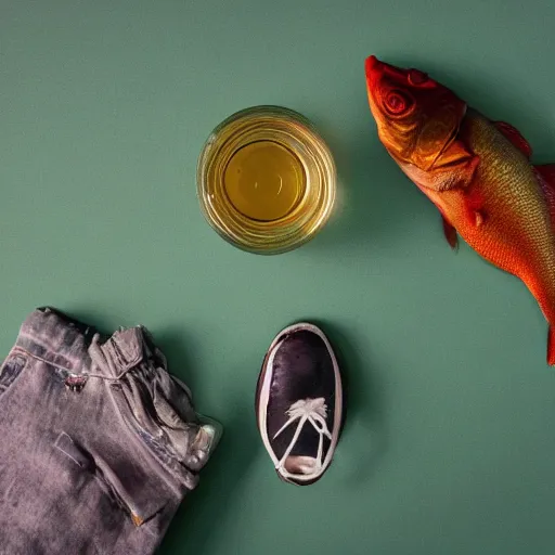 Prompt: A surreal composition of objects laid out on a floor in a dimly lit room with a green light emanating from the ceiling, depth of field, bokeh, oil on canvas, rule of thrids