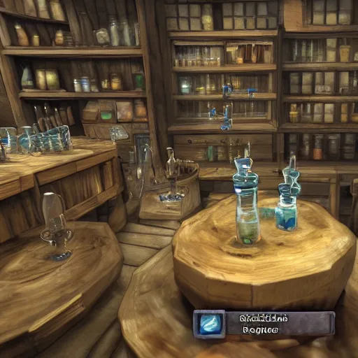 Prompt: ransacked alchemy laboratory with water on the floor, broken supplies on the floor, reagents spilling over the table