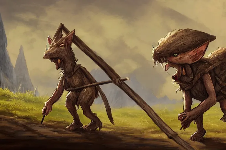 Prompt: a lone brownish whiteish kobold traveling the long dirt road carrying a bindle stick, d & d, fantasy setting, character concept art, 4 k, digital art