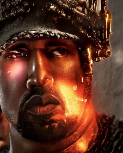 Image similar to kanye west as kadhafi and emperor napoleon in gears of war, splash art, movie still, cinematic lighting, dramatic, octane render, long lens, shallow depth of field, bokeh, anamorphic lens flare, 8 k, hyper detailed, 3 5 mm film grain