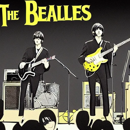 Image similar to The Beatles playing in the Budokan, manga illustration,