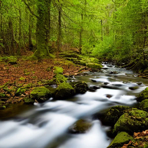 Prompt: A stream running through the woods, photograph, professional photography