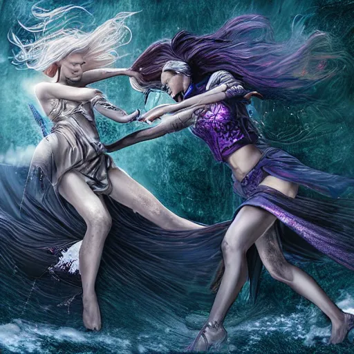 Prompt: two identical beautiful sorceresses battling, detailed digital art, full of detail, realistic lighting