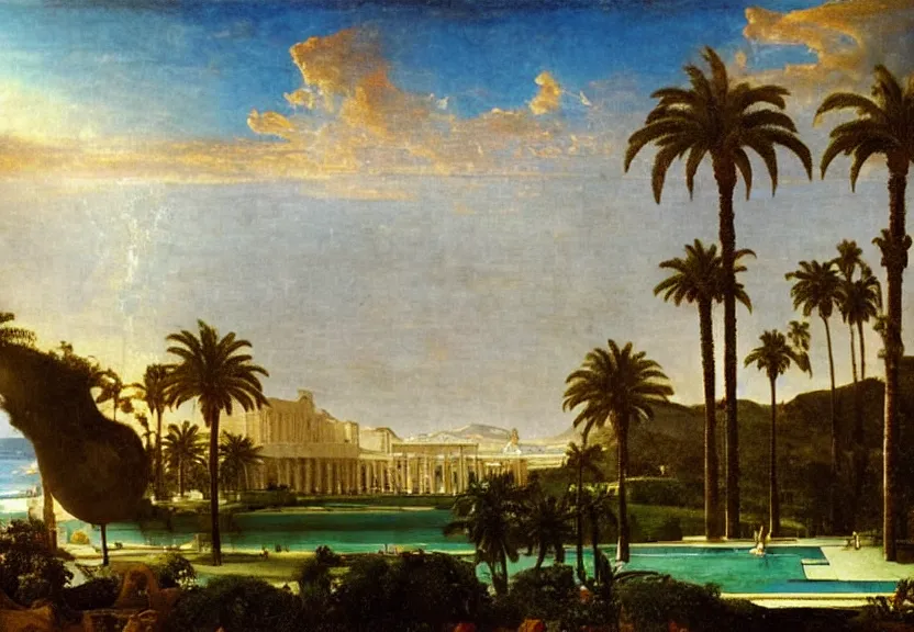 Image similar to The biggest palace ever made, thunderstorm, greek pool, beach and palm trees on the background major arcana sky, by paul delaroche, hyperrealistic 8k, very detailed