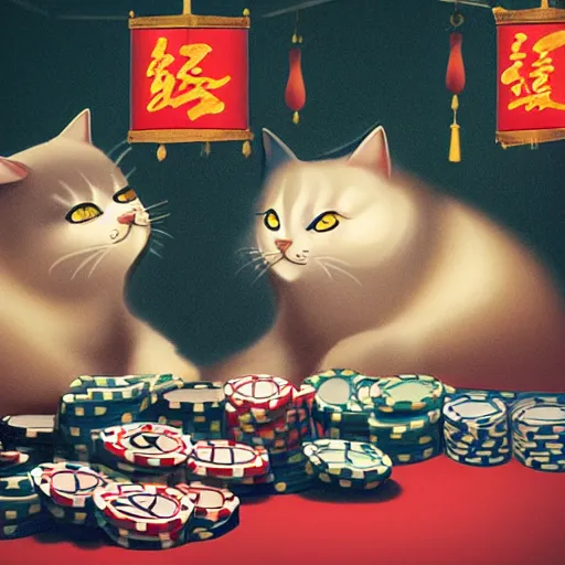 Image similar to fat mobster cats gambling at a table with a single light overhead, smoke fills the room, chinese art style photo