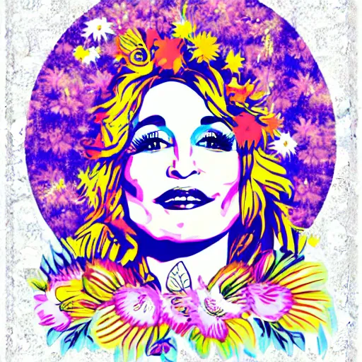 Prompt: flower child, Dolly Parton, graphic design, psychedelic