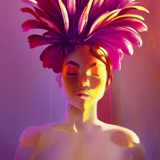 Image similar to closeup, giant flower head, woman next to modern windows, luxury apartment, surreal photography, dramatic light, impressionist painting, digital painting, artstation, james gilleard