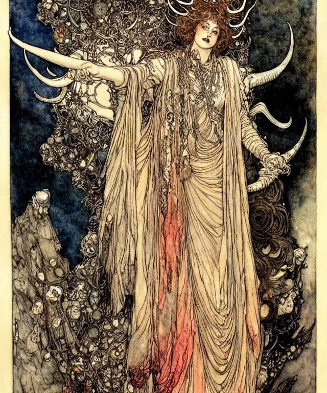 Image similar to A detailed horned many-multiplefaced-goddess stands among the cosmos. Wearing a ripped mantle-robe in cosmic texture. Blurred smudged faces, extremely high details, realistic, fantasy art, solo, masterpiece, colorful art by Arthur Rackham, Eugene de Blaas