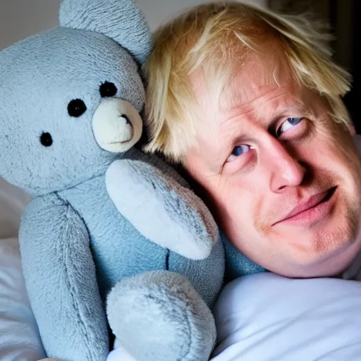 Prompt: boris johnson tucked in bed cuddling a teddy