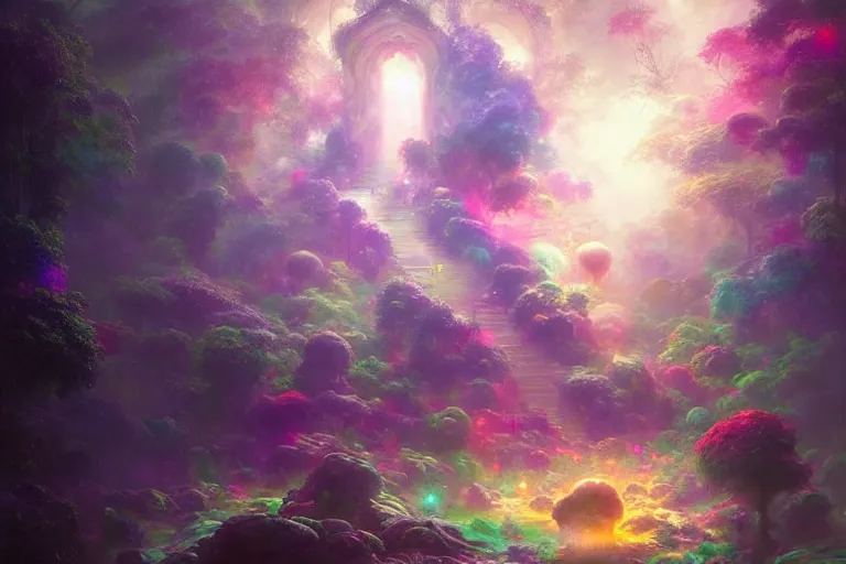 Image similar to a psychedelic realm hidden away in a pocket of ethereal understanding, astral beings sharing love greg rutkowski wlop lisa frank bob ross, ruan jia, illustration